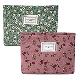 Aucuu Neceser Maquillaje Mujer, 2 Pcs Bolsas de Cosméticos de Tejido de Pana con Cremallera, Neceser de Maquillaje Floral,Neceser de Viaje Portátil, Multifunctional Organizador para Viaje -Verde+Rosa