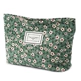 Aucuu Neceser Maquillaje Floral para Mujer, Bolsas de Cosméticos de Tejido de Pana con Cremallera, Neceser Portátil, Multifunctional Organizador para Viaje -Margarita Verde