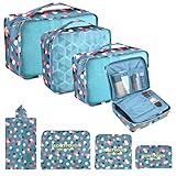 Coolzon Organizador de Equipaje,8 en 1 Set de Organizadores de Viajes Impermeable Organizador de Maleta Bolsa,Cubos de Embalaje Para Ropa,Cosméticos,Ropa Interior,Flor azul